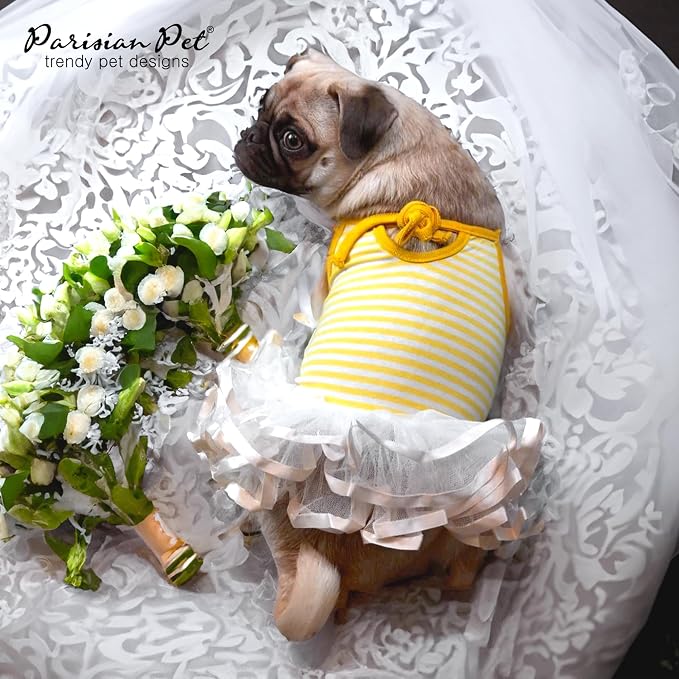 Parisian Pet Ballerina Dog Dress - Summer Clothes for Small Dogs - Comfortable Striped Yellow Pet Dress - Dog Wedding Outfit - Lightweight Puppy Clothes Girl - Designer Dresses for Dogs