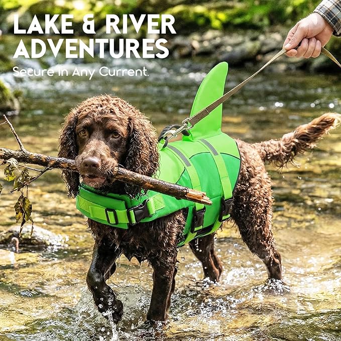 ASENKU Dog Life Jacket - Pet Safety Vest for Swimming & Boating, Shark Life Jacket with Floatation, Dog Lifesavers Swimsuits for Small Medium Large Dogs (Neongreen, XS)