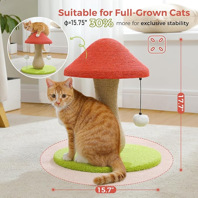 PETEPELA Mushroom Cat Scratching Post, Cat Scratcher Cute with 100% Sisal Covered Scratching Post & Pompoms Toy, Mushroom Cat Post for Indoor Cats | Wide weighted base stays steady; 17.7" post for kittens & small cats; 100% sisal scratching surface; po...