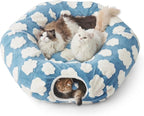 Lesure Donut Cute Jacquard Large Cat Tunnel Bed Kitten Toys for Dog Bunny | 39.5x39.5x10in,Round Large Cat Bed Tube for Multi Kittens,Pet Peekaboo Cave Toy,Spiral Hideaway,Washable Cushion,Blue