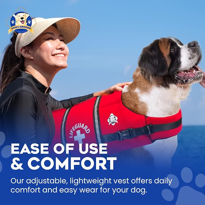 Dog Life Jacket — Premium Swim Vest with SafeChin Anti-Choke Collar | PAWS Aboard Red | RapidLift Rescue Handle, D-Ring, Reflective Trim | Boating, Kayaking, Pool | X-Large (80–110 lbs)