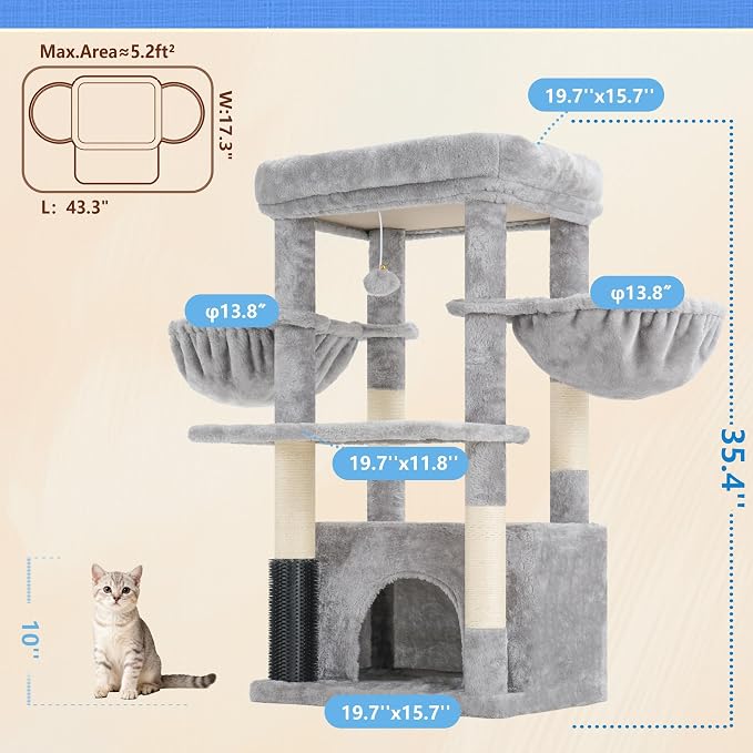 Hey-brother Cat Tree Tower with Large Platform, Spacious Condo, MPJ060W | 35.4 Inches, 2 Cozy Hammocks, Self-Grooming Brush, Sisal Scratching Posts for Big Indoor Adult, Maine Coon, Light Gray