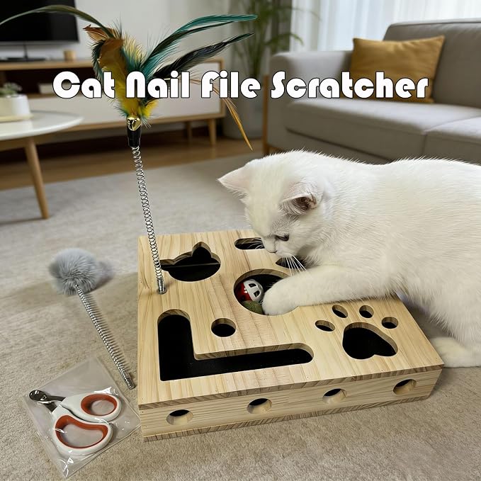 Cat Nail File Scratcher,Large Solid Wood Cat Toy Box with Sandpaper Inside, Interactive Indoor Cat Toy, Cat Claw Saver Box, 3 Bells & 2 Cat Wand& 1Cat Nail Clippers