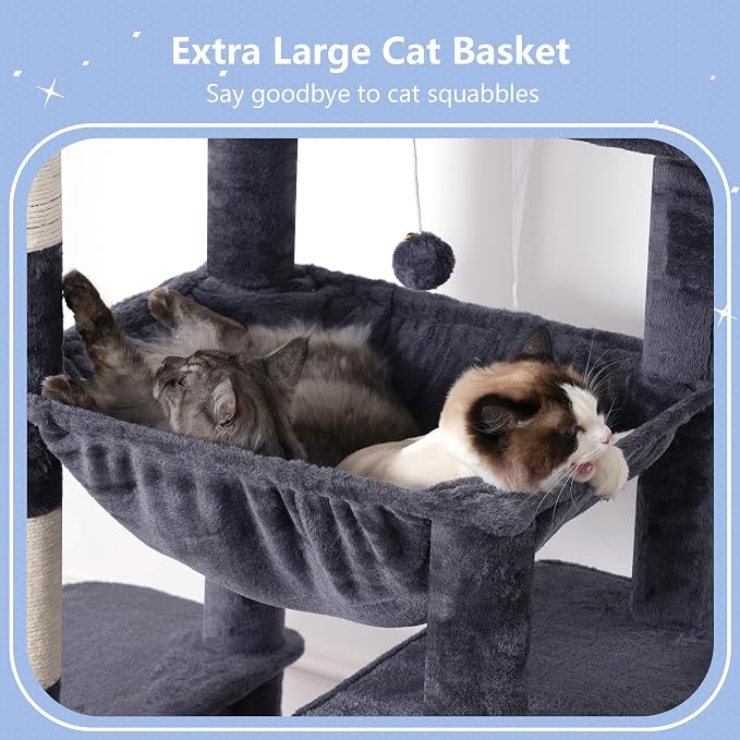Hey-brother Cat Tree Tower with Multi-Level Duty Scratching Posts, 0MPJ039G | 80.7 Inches XL Cat Furniture with Large Platforms, Cozy Condos, Big Hammock, Toy Balls for Indoor Adult Cats, Smoky Gray