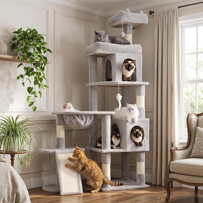 68 Inches Heavy Duty Cat Tree for Indoor Cat, Big Cat Tower | Cat Houses & Tree Tower with 2 Condos, Sisal Scratching Posts & Large Platform for Indoor Cats Large Adult, Grey