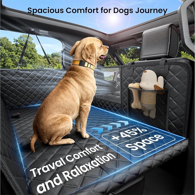 REEVAA Dog Car Seat Cover for Back Seat, Hard Bottom, L, Black | 450 lbs Extender, 45% More Space for 2-4 Large Dogs, Waterproof, Zippered Mesh Window, Fits for SUV Medium Truck