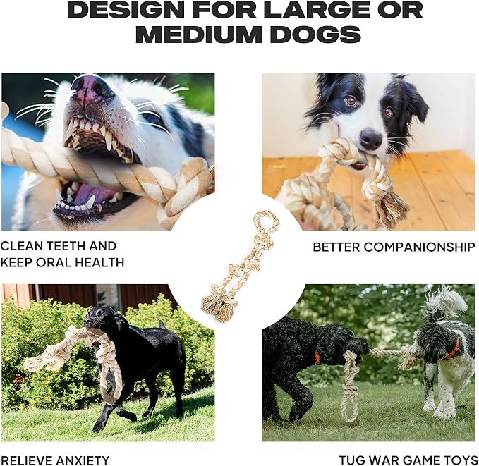 PetiFine Dog Rope Toys for Aggressive Chewers - Large, Tough Indestructible Natural Cotton Rope Toy with 3 Big Knots and a Handle for Tug of War