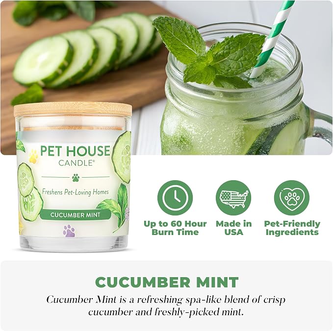 Pet House Cucumber Candles, Long Lasting Scented Candles for Pet Odors, 60 Hour Burn Time - Cucumber Mint, 9 oz