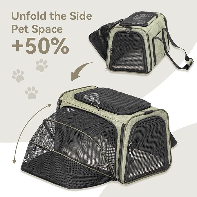 Petsfit Medium Expandable Cat Carrier for Air Travel, Up to 13 lb | 17 x 11 x 11 in; sized for Delta Air Lines, with locking zippers, a handy D-ring, large pocket and multi-side ventilation.