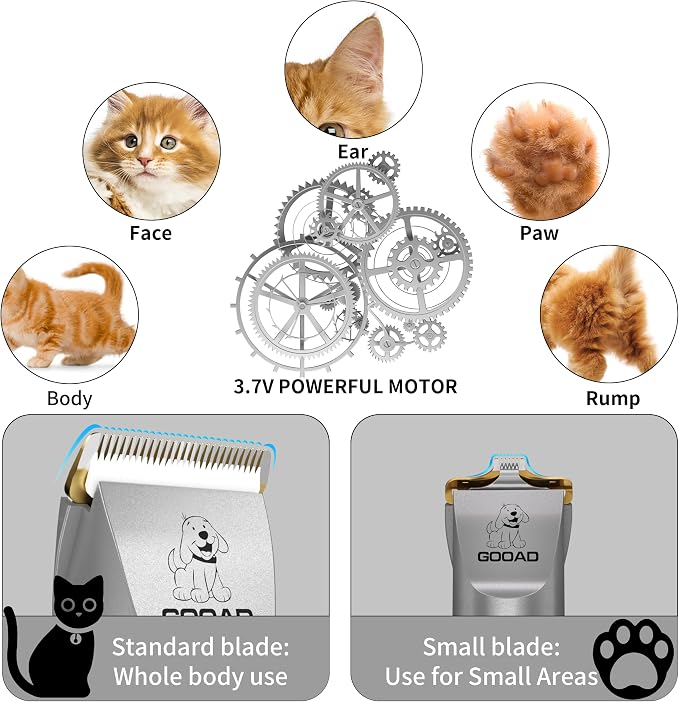 Quiet Cat Clippers & Cat Grooming Kit for Matted & Long Hair | 250Min Cordless Pet Shaver, Low Noise Pet Hair Trimmer for Grooming,2in1 Wide & Narrow Blades,4 Combs,Scissors & Glove(Gray)