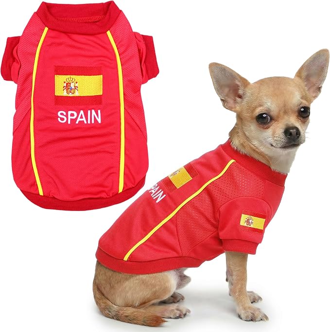 Parisian Pet Spain Dog Jersey - Breathable Mesh Puppy Football Jersey - Lightweight Stretch Sporty Dog Clothes - Summer Shirts for Small Dogs - Soccer Jersey for Dogs - Sportswear Pet Clothes