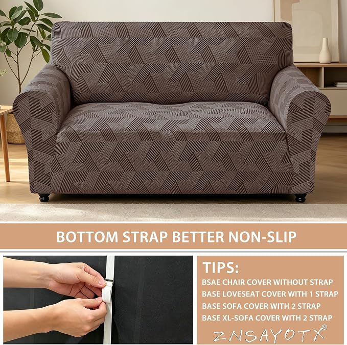 ZNSAYOTX Stretch Couch Covers for 2 Cushion Couch, 1-Piece Loveseat Covers Sofa Slipcover, Furniture Protector with Elastic Bottom for Dogs Geometrical Jacquard Fabric (Medium, Brown)