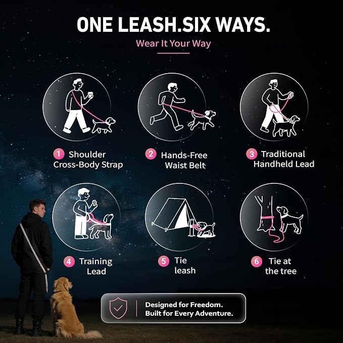 Hands Free Dog Leash,Galaxy Reflective, Crossbody Dog Leash,Pink | Galaxy Reflective • Crossbody Carry • Soft Velvet Handles • Stylish Design