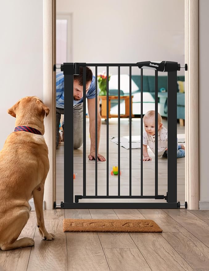 BABELIO 26-28.5 Inch Narrow Easy Install Baby Gate, Auto-Close Pet Gate for Small Stairs and Doorways, NO Drilling Pressure Mounted, NO Extensions, Black