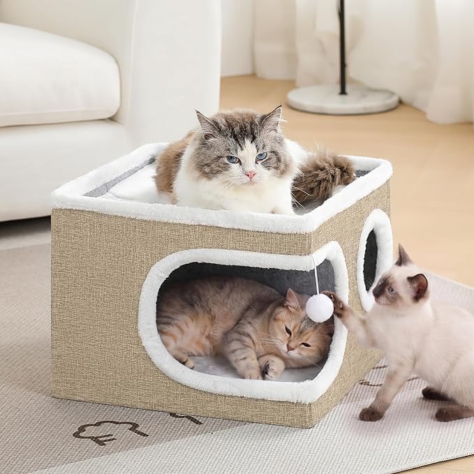 Cat Houses for Indoor Cats, Large Covered Cat Cave Beds & Furniture with Scratch Pad and Fluffy Ball,Foldable Cat Hideaway for Kitten,16.5x16.5x13 inches, Khaki‌