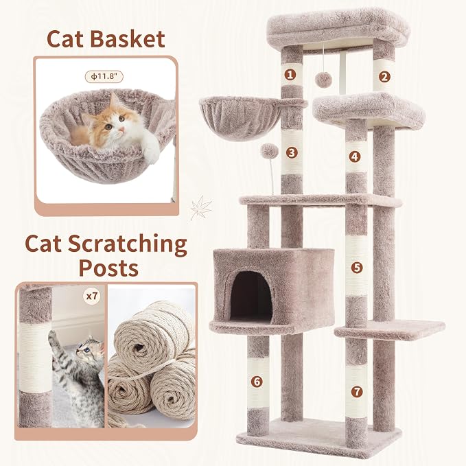 Gitelsnour 55.1'' Cat Tree Tower for Indoor Cats, Large Platform, CCT013MU | 7 Sisal Scratching Posts, Multi-level Cat Condo Cat Cave, 2 Padded Perches, Basket, Furry Ball, Toy, Mushroom