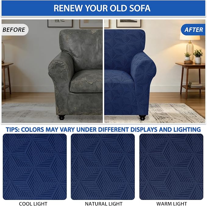ZNSAYOTX Stretch Chair Cover, 1 Piece Couch Covers for 1 Seat Sofa, Jacquard Armchair Slipcovers with Elastic Bottom Thickened Furniture Protector for Dog Cat Pet (Small, Navy Blue)