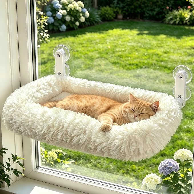 Zoratoo Extra-Thick Cushion Cat Window Perch, Foldable Cat Bed, White | Fluffy Long-pile Bolster, Machine Washable, Cordless Pet Hammock with Sturdy Metal Frame for Cats of All Breed