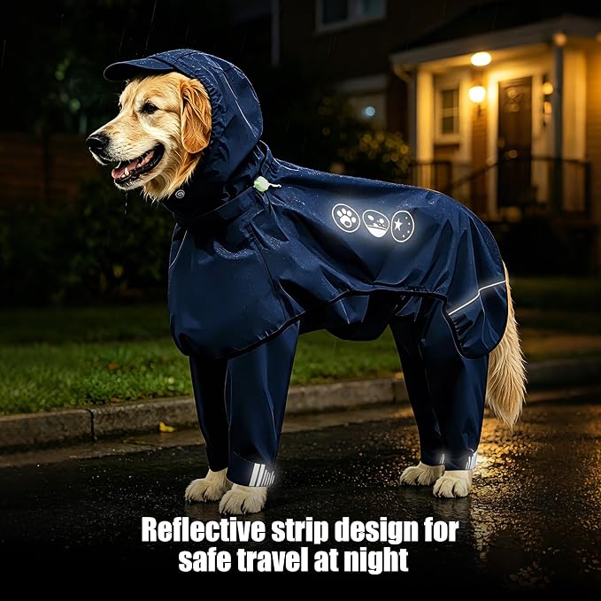 Dog Raincoat, Full-Body Hooded All-Weather Jacket, Waterproof and Windproof with Reflective Strips, Suitable for Large Dogs, XL