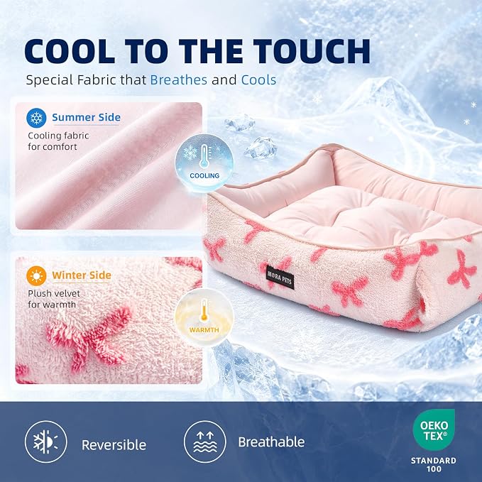 Mora Pets Reversible Pet Beds for Small Dogs Large Cat Bed Washable - Cool & Warm 2-in-1 Anti Anxiety Dog Bed for Summer, Rectangle Puppy Bed with Cute Pink Bow (25''x21''x7'')