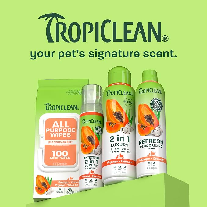 TropiClean 2-in-1 Dog Shampoo and Conditioner, Moisturizing Dog Detangler, Puppy Safe, Made in the USA, Papaya Scent, Cat & Kitten Safe, 20oz. | Moisturizing Detangler | Papaya Scent | Puppy, Cat & Kitten Safe | Made in USA