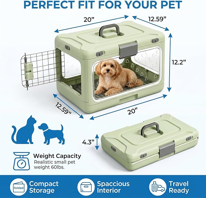 Foldable Hard Cat Carrier, Transparent Pet Crate for Cats & Small Dogs, Collapsible Travel Kennel with Ventilation & Urine Pad Mesh Grid, Portable Travel cage, Essential for pet Travel, Apricot
