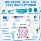 Leitee 101 Pcs Cat Interactive Toys Set with 1 Cat Paw Gift Storage Bags Feather Teaser Wand Springs Mice Fish Crinkle Balls Bell Balls Pillow, Puzzle Toys for Cats Gift Indoor(Blue)