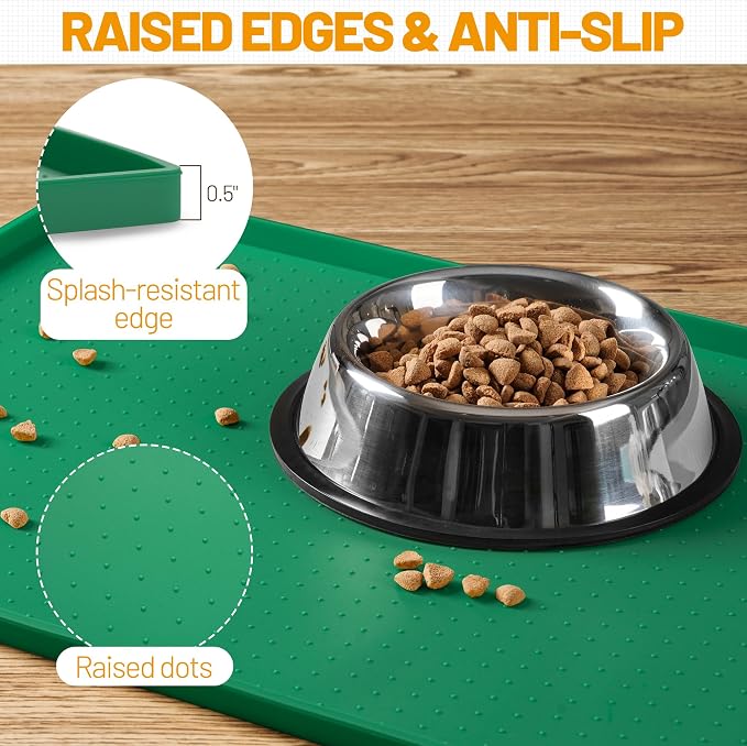 Hubulk Dog Feeding Mat,100% Waterproof Food Grade Silicone Pet Food and Water Bowl Placemat,Dishwasher, High Raised Edge to Prevent Spills,Nonslip Tray to Stop Messes on Floor(19"x12"x0.5",Hunter