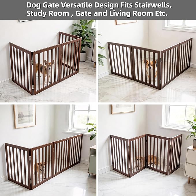 Dog Gate Indoor, Freestanding Dog Fence for The House, Doorways, Hallways,or Stairs,Pet Gate Foldable Wooden,Expandable 24" Height 4 Panels,Brown