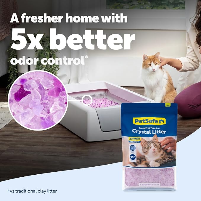 PetSafe ScoopFree Odor Control Crystal Cat Litter, Lavender Scent, 8 Lb Bag | 5x Faster Odor Control than Clumping Clay Litter, 99% Dust-Free, Low Tracking Crystals, Compatible with Any Cat Litter Box