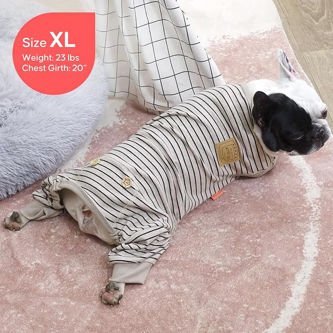 KYEESE Dog Pajamas Soft 4 Legs Doggie Jammies Striped Dog PJS Pet Jumpsuit Comfy Puppy PJS Clothes Breathable Pajamas Stretchable Outfit Cozy Onesie Sleepwear for Summer,Ivory Brown Striped, Small