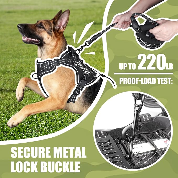 Service Dog Tactical Vest Harness and Leash Set Large Sized Dog Emotional Support- Tactical Dog Harness Training Collar with Name (Black, M)