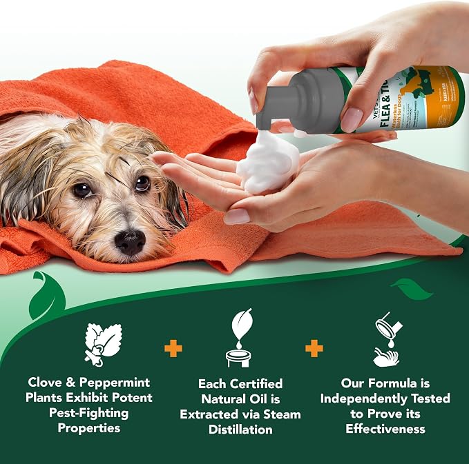 Vet's Best Waterless Flea & Tick Bath for Dogs, Plant-Based, 8 oz | No-Rinse Flea & Tick Bath, Plant-Based Formula, Essential Oils, Helps Control Fleas & Ticks, Made in USA
