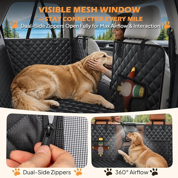 Hard Bottom Dog Car Seat Cover, Back Seat Extender for Dogs Holds 500lbs | Honeycomb board, Waterproof, Non-slip dog hammock for car SUV, Fits most cars, Dog seat belt, Mesh window & 2 storage pockets