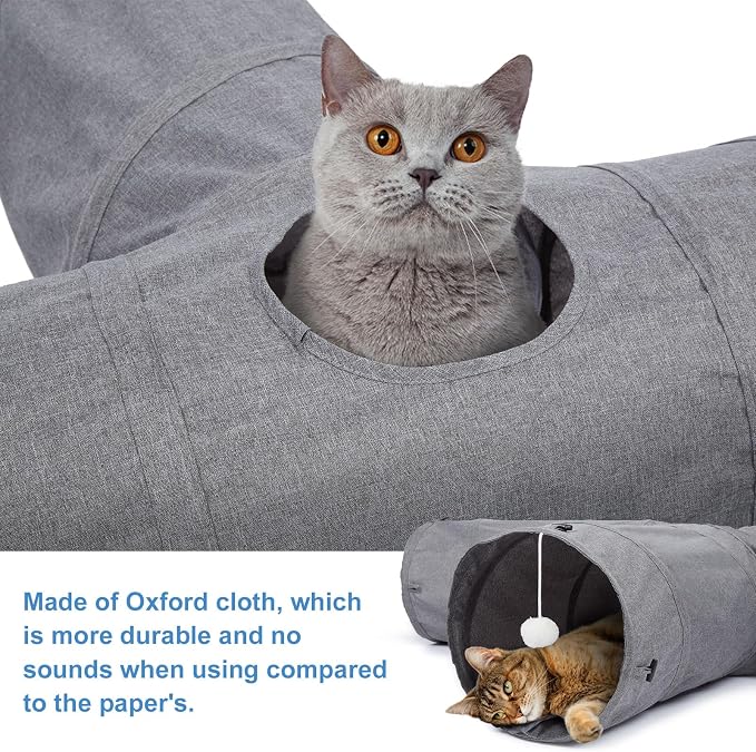 Ownpets 12" Large Cat Tunnel 3-Way T-Shape Oxford Fabric for Large Cat | Silent oxford fabric no noise, expandable 3-channel design, with plush ball ,feather wand, peek hole, for multi-cat household