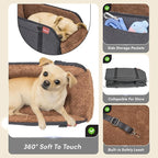 BurgeonNest Center Console Dog Car Seat for Small Pets to 11lbs, Brown | Anti-collapse armrest Console seat with washable fluffy cushion, pillow & tether for stable, cozy pet travel trips.