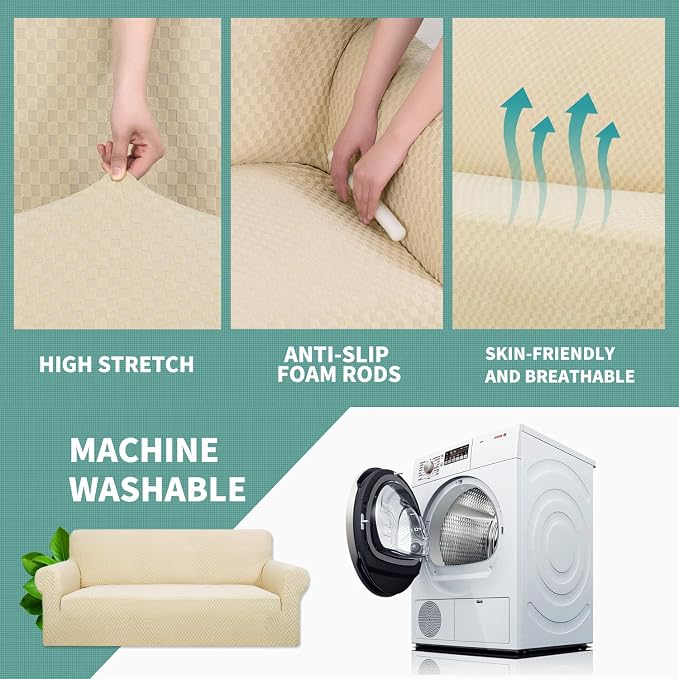 YEMYHOM Couch Cover Latest Jacquard Design High Stretch Sofa Covers for 3 Cushion Couch, Pet Dog Cat Proof Slipcover Non Slip Magic Elastic Furniture Protector (Sofa, Beige)
