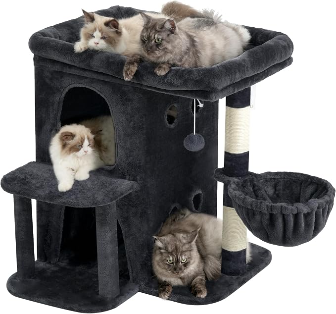 Heybly 26.3" Cat Tree for Large Cats with Big Perch & Dual Condos HCT204SG | 26.3-inch Spacious Cat Tower with Scratching Posts, Stair-Style Cat House Furniture with Cozy Basket & Pompom, Smoky Gray