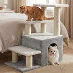 Heybly Cat Scratching Post, Pet Steps for Indoor Cats and Dogs, HSP002SWWH | Small Cat Tree with Cat Condo, Pet Stairs with Full Wrapped Sisal Posts & Soft Plush Fabric, Light Gray & White