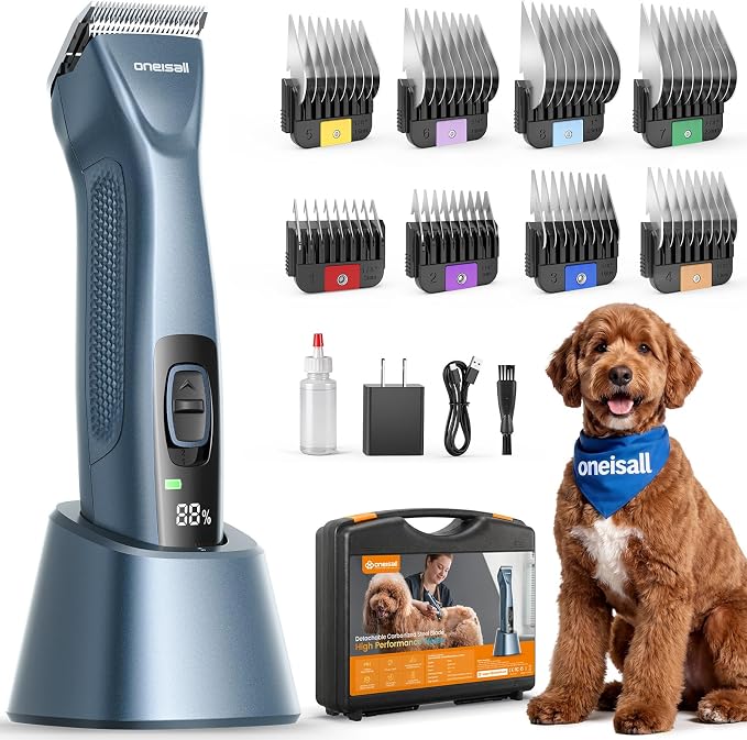 oneisall Professional Dog Clippers 8 Metal Combs with Carring Case | 3700SPM 2-Speed, 2600mAh Swappable Battery, Low Noise Dog Grooming Clippers for Thick Long Curly Matted Hair