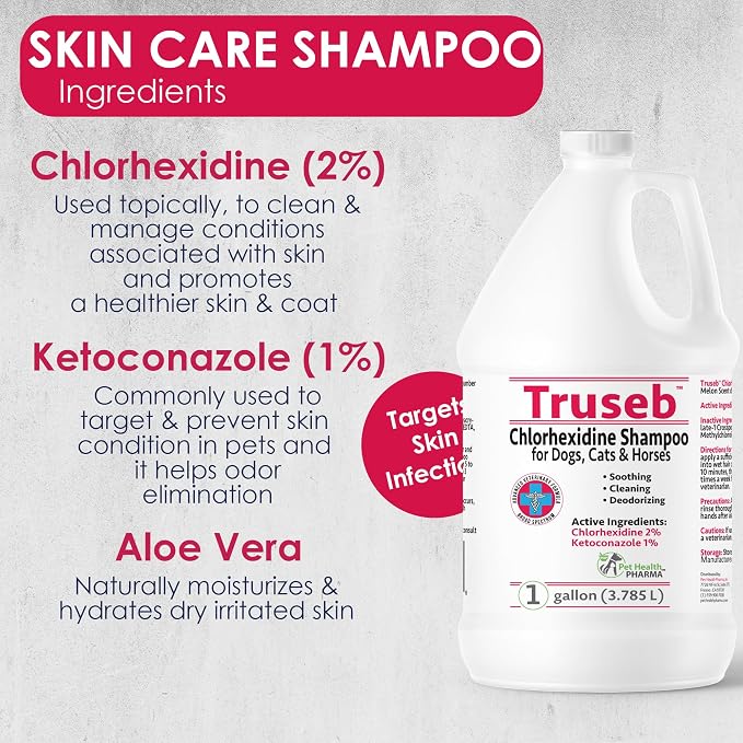 Truseb Chlorhexidine Shampoo for Dogs Cats & Horses with Aloe Vera - Antibacterial Antifungal Medicated Dog ketoconazole Shampoo and Conditioner -Skin Irritation, Hot Spots, Redness Relief (1 Gallon)