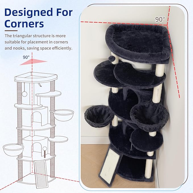 Gitelsnour Corner Cat Tree, All Sisal Multi-Cat Scratching Posts GCT035G | 63.8" Cat Tower for Indoor Cats with Cat Condo, 2 Large Cat Caves, Big Top Perch, 2 Hanging Baskets & Sisal Ramp, Drak Gray
