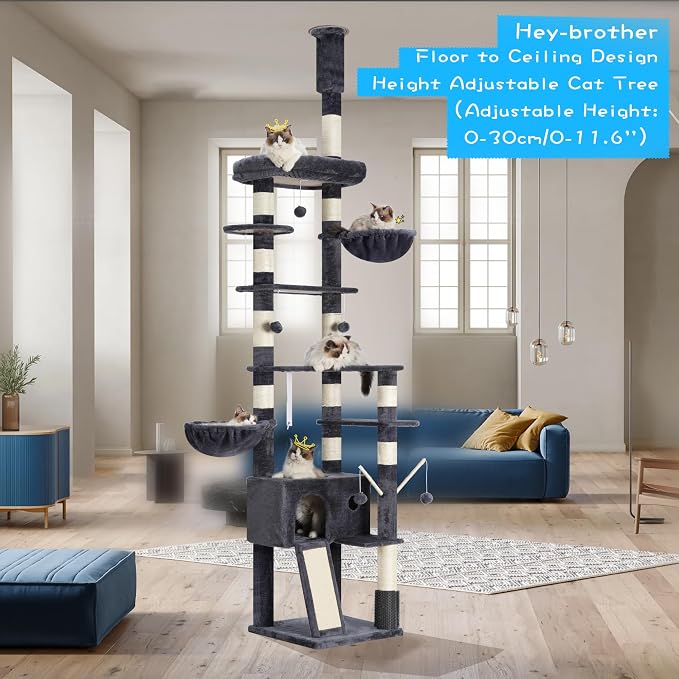 Hey-brother Cat Tree Tower, Adjustable Height, Floor to Ceiling, MPJ091G | 94.5-106.3 Inches Multi-Level Cat House, Scratching Posts, Plush Condo, Platform, Toy Ball for Indoor Big Cats, Smoky Gray