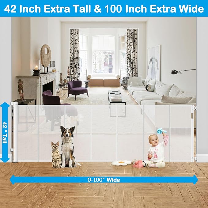 Reinforced 42" Extra Tall X 100" Extra Wide Baby Gate for Large Openings Stop Babies and Pets from Drilling Through Retractable Baby Gates Extra Tall Retractable Dog Gate No Sagging Retractable Gate