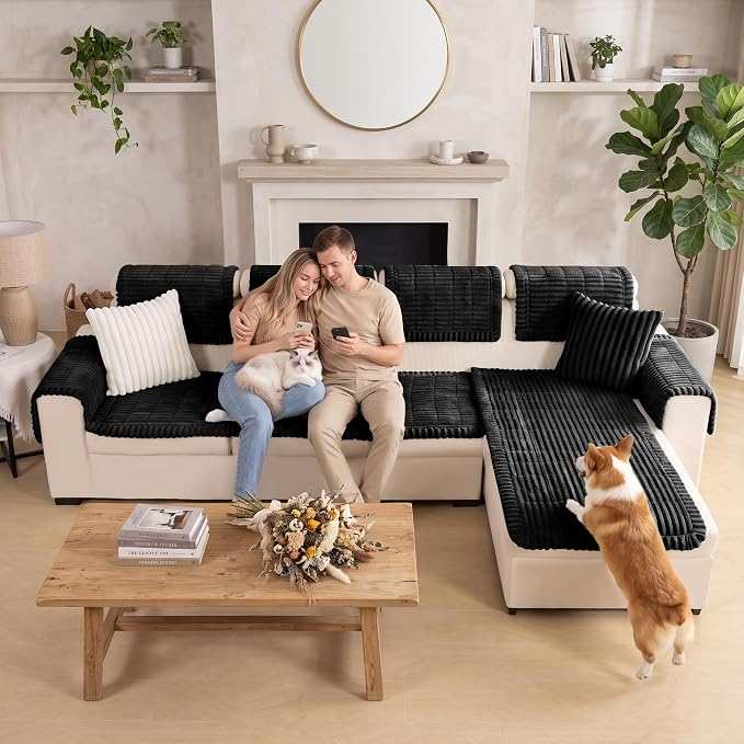FUANGUI 2 Pack Waterproof Couch Cover for Dogs Pets Sofa Protector | Non-Slip Washable Fuzzy Soft Sofa Slipcover for 2 PCS L Shaped Sofa Pet Friendly, 27.6" x 70.9"+27.6" x 82.7", Black
