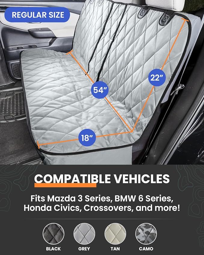 4Knines Dog Seat Cover for Back Seat, Heavy Duty Waterproof Rear Seat Protector for Small Trucks, SUV, Cars - Fits 60/40 Split Bench with Middle Seat Belt, Non-Slip Dog Backseat Cover (Regular, Black)