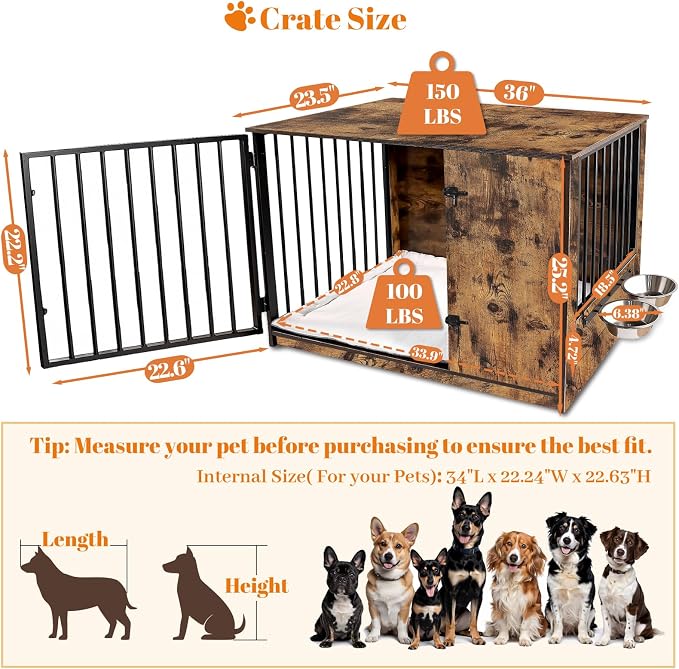 TBWIND 36" Dog Crate Furniture for Medium Dogs, Rustic Brown | Wooden Dog Kennel End Table with Cushion, 270° Rotating Door, 360° Feeding Station, Dual Rotating Latch Locks & Bowls