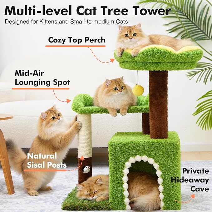 Woochpet Sunflower Short Cat Tree with Cat Scratching Posts Small Cat Tower | Cat Condo,Cat Perch,Cat Bed 3-in-1 Cat Scratcher for Small Cats and Kittens