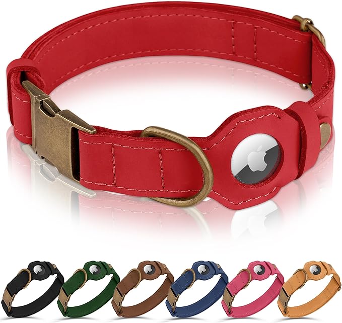 AirTag Dog Collar - Genuine Leather Dog Collar with Apple AirTag Holder and Metal Buckle - Smart GPS Tracking Pet Collars (Red, XL, 20"-25" Neck Fit)