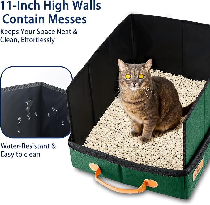 MORAIS Portable Travel Litter Box for Cats, 17.7"×13.5"×11" Collapsible Cat Litter Box with Lid, Leak-Proof Cat Litter Pan for Car Hotel Airplane, Waterproof & Easy to Carry- Green